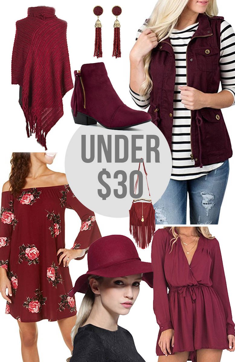 Burgundy Poncho, Burgundy Utility Vest, Burgundy Romper, Burgundy Floppy Hat, Burgundy Booties, Burgundy Earrings