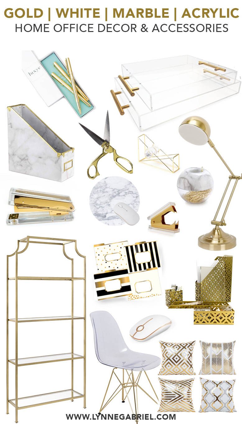 Gold, White, Marble, and Acrylic Home Office Decor and Accessories